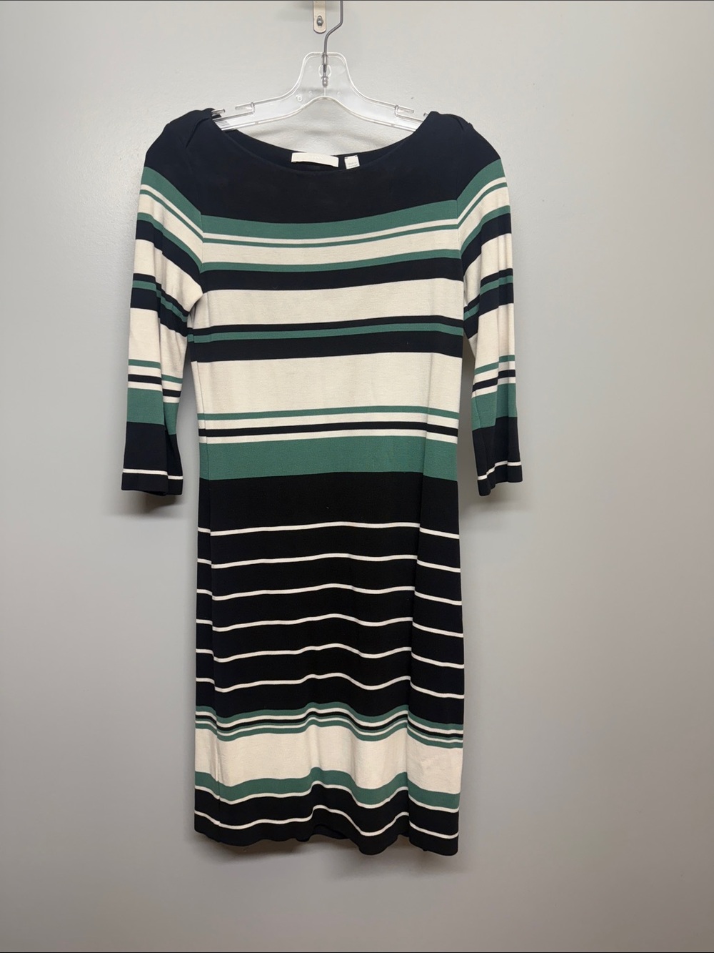 Hugo Boss Striped Knit Office Luxury Sheath Navy, White & Green Midi Dress
